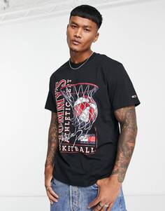 Черная хлопковая футболка свободного кроя с баскетбольным винтажным принтом Tommy Jeans