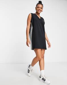Черное платье-футболка с тремя полосками и v-образным вырезом adidas Originals