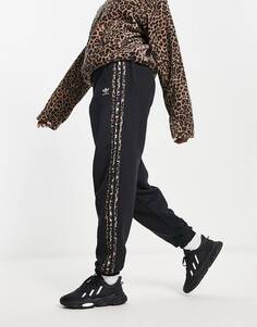 Черные джоггеры с леопардовым принтом и тремя полосками adidas Originals