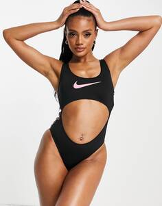 Черный купальник с вырезами и анималистичным принтом Nike Swiming