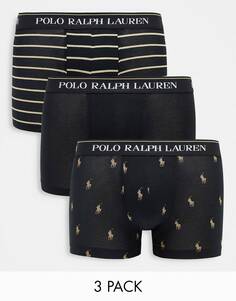 Эксклюзивные 3 комплекта трусов Polo Ralph Lauren в черно-коричневом цвете с узором \&quot;пони\&quot; и полосками по всей поверхности.