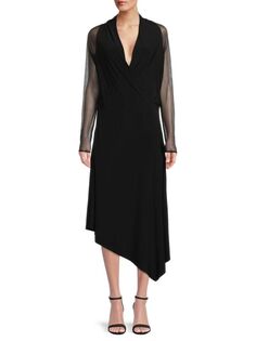Асимметричное платье миди с сетчатыми рукавами Donna Karan Black Dkny