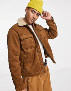 Куртка из искусственной замши с плюшевой подкладкой Pull&amp;Bear Trucker, коричневый