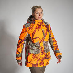 Охотничья куртка дождевик 500 женская 3-в-1 теплая малошумная камуфляж/оранжевый SOLOGNAC, неоновый оранжевый psa