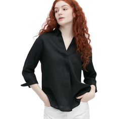 Рубашка Uniqlo Premium Linen Skipper Collar 3/4 Sleeved, черный