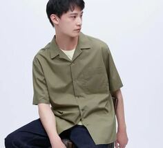 Рубашка повседневная с короткими рукавами Uniqlo Cotton Blend Casual Short Sleeved, темно-зеленый