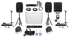 Пара 12-дюймовых диджейских динамиков+сабвуфер+усилитель+наушники+фасад+фонари+туман+микрофоны+стойки+кабели Rockville (2) SPGN124+RVSS2+RPA70WBT DJ PACK 7