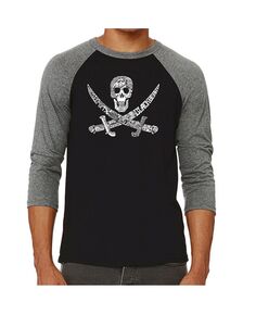 Мужская футболка с принтом пиратский череп и регланом word art LA Pop Art, серый