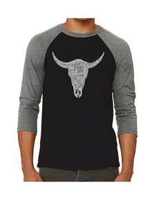 Мужская футболка с изображением реглан word art в стиле кантри-музыки cow skull LA Pop Art, серый