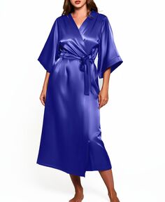 Женский атласный длинный халат victoria с рукавами 3/4 iCollection, синий
