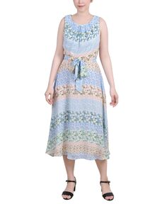 Миниатюрное шифоновое платье без рукавов с поясом NY Collection, мульти