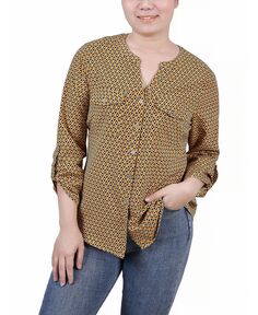 Миниатюрная блузка с отворотами на рукавах 3/4 и y-образным вырезом NY Collection, мульти