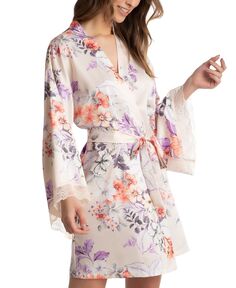 Атласный халат с цветочным принтом и кружевной отделкой Linea Donatella, мульти