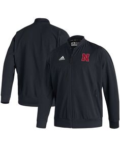 Мужская черная куртка-бомбер nebraska huskers 2021 sideline woven primeblue с молнией во всю длину adidas, черный