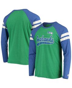 Мужская зеленая футболка royal seattle seahawks throwback league с длинными рукавами и регланами tri-blend Starter, мульти