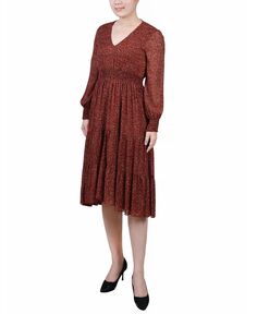 Женское шифоновое платье в горошек с длинными рукавами и присборенной талией и манжетами NY Collection, мульти