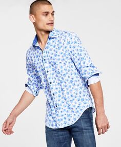 Мужская рубашка slim-fit performance stretch с абстрактным цветочным принтом и длинными рукавами в мелкую клетку на пуговицах Society of Threads, мульти