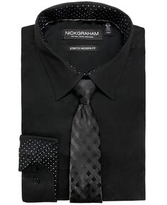 Мужской комплект из эластичной классической рубашки и галстука в клетку в тон в современном стиле Nick Graham, черный