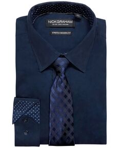 Мужской комплект из эластичной классической рубашки и галстука в клетку в тон в современном стиле Nick Graham, синий