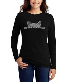 Женская футболка с длинным рукавом word art peeking cat LA Pop Art, черный
