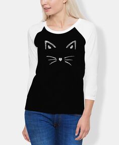 Женская футболка с надписью whiskers whiskers реглан LA Pop Art, черно-белый