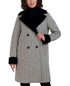 Женское двубортное пальто с отделкой из искусственного меха Tahari, черно-белый