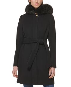 Женское пальто с капюшоном и отделкой из искусственного меха с поясом Cole Haan, черный