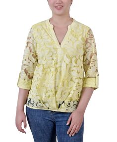 Миниатюрная блузка с y-образным вырезом и длинными рукавами burnout NY Collection, мульти