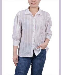 Хлопковая жаккардовая блуза petite с пышными рукавами 3/4 NY Collection, белый