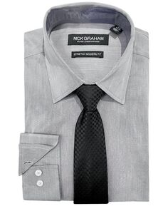 Мужской облегающий комплект из рубашки и галстука из шамбре Nick Graham, серый