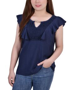 Миниатюрная блуза без рукавов с развевающейся кокеткой NY Collection, синий