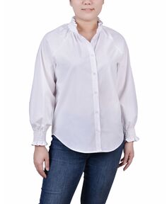 Миниатюрная блузка с длинными рукавами и пуговицами спереди NY Collection, белый
