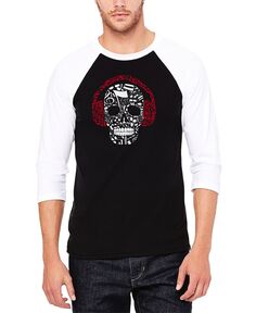 Мужская бейсбольная футболка с регланом и рукавами 3/4 с нотами черепа word art LA Pop Art, черно-белый