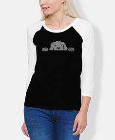 Женская футболка с надписью peeking dog реглан LA Pop Art, черно-белый