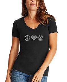 Женская футболка peace love cats word art с v-образным вырезом LA Pop Art, черный