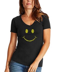 Женская футболка с v-образным вырезом и надписью be happy smiley face word art LA Pop Art, черный