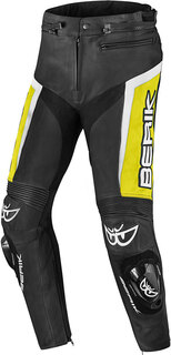 Мотоциклетные кожаные штаны Berik Misle с упругими кожаными панелями на коленях и задней талии, черный/белый/желтый