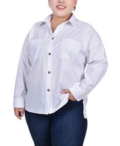 Блуза больших размеров с длинным рукавом и нагрудными карманами NY Collection, белый
