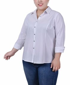 Плюс размер блузка с длинным рукавом и пуговицами спереди NY Collection, белый