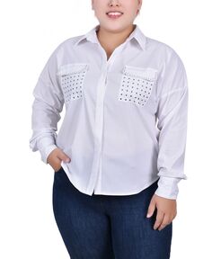 Плюс размер блузка с длинным рукавом и потайной планкой с заклепками NY Collection, белый