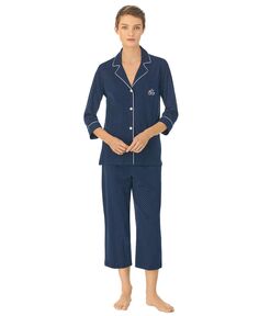 Женский пижамный комплект из хлопка с вырезом и воротником-капри с рукавом 3/4 Lauren Ralph Lauren, мульти