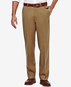 Мужские классические брюки премиум-класса no iron цвета хаки с плоским передом и скрытой расширяемой талией Haggar, мульти