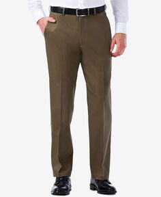 Мужские классические брюки премиум-класса no iron цвета хаки с плоским передом и скрытой расширяемой талией Haggar