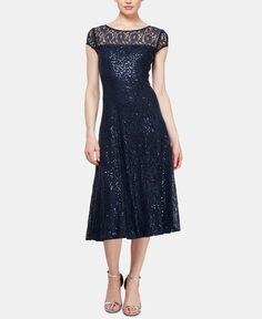 Кружевное платье миди с пайетками SL Fashions, синий