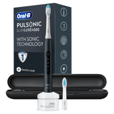 Oral-B Pulsonic Slim Luxe 4500 Звуковая электрическая зубная щетка аккумуляторная: матовая черная ручка, 1 шт + насадки, 2 шт + дорожный футляр, 1 шт.