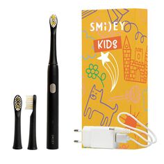 Smiley Light Kids набор: звуковая зубная щетка детская черная + дополнительные насадки, 2 шт.