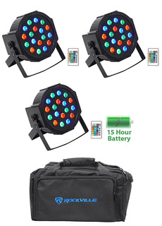 (3) Rockville BATTERY PAR 50 Аккумуляторная светодиодная подсветка DMX DJ Wash Up-Lights+пульты дистанционного управления+сумка (3) BATTERY PAR 50+RLB80