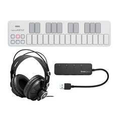 KORG nanoKEY 25-клавишный Slim-Line USB MIDI-контроллер (белый) в комплекте с закрытыми студийными мониторными наушниками Knox Gear и 4-портовым USB-концентратором