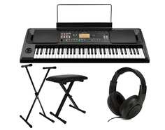 Korg EK-50 61-Key Arranger Entertainer Keyboard (черный), стартовый комплект со скамейкой, подставкой и наушниками Samson SR350