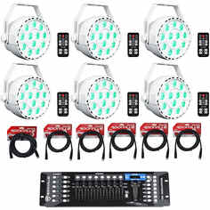 (6) Rockville RockPAR TRI LED RGB White Wash Par DJ Lights+кабели+контроллер DMX (6) ROCKPAR TRI WHITE+RDX3M25+RDX3M10-2